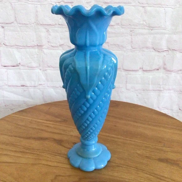 Victorian Blue Opaline Glass Ruffled Footed Vase - Picture 3 of 8